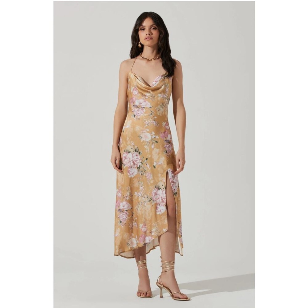 ASTR‎ the Label Gaia Dress in Mustard Floral Satin Midi Womens Size L